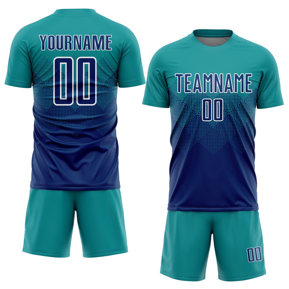 Teal US Navy Blue White Sublimation Soccer Uniform Jersey, Custom Team Soccer Jersey Shirt