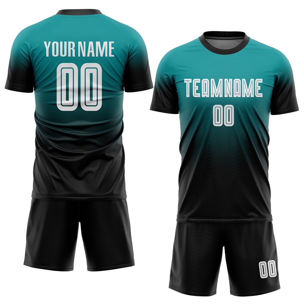 Teal White Black Sublimation Fade Fashion Soccer Uniform Jersey, Custom Team Soccer Jersey Shirt