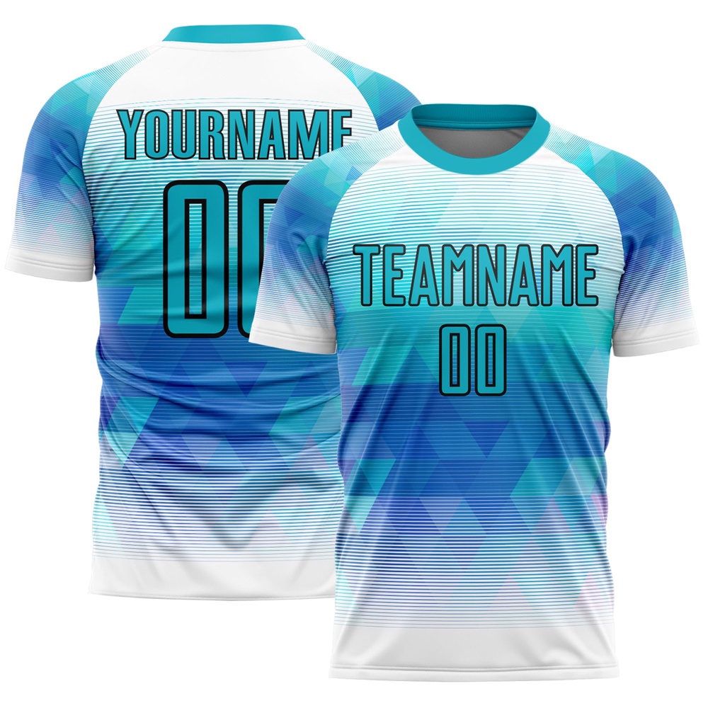 Teal White Geometric Triangle Sublimation Soccer Uniform Jersey, Custom Team Soccer Jersey Shirt