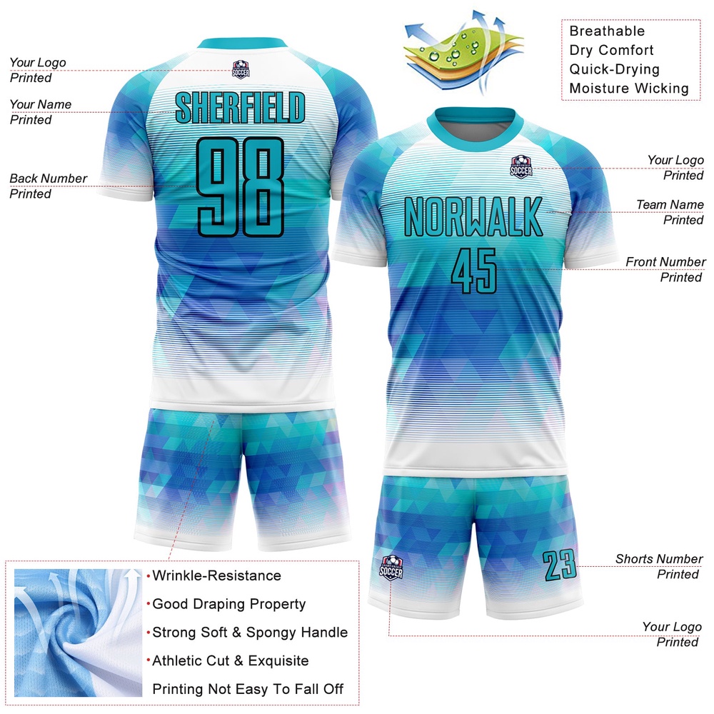 Teal White Geometric Triangle Sublimation Soccer Uniform Jersey, Custom Team Soccer Jersey Shirt
