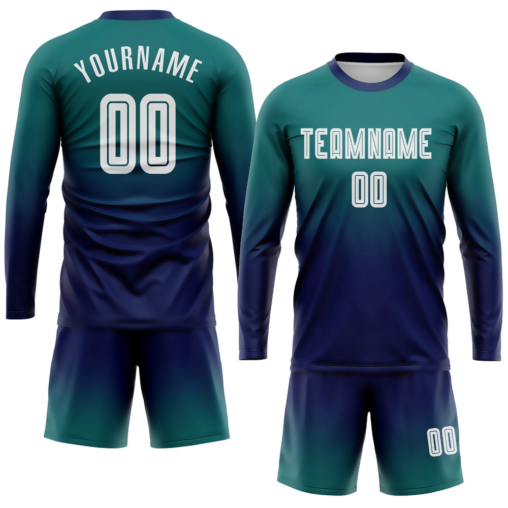 Teal White Navy Sublimation Long Sleeve Fade Fashion Soccer Uniform Jersey, Custom Team Soccer Jersey Shirt
