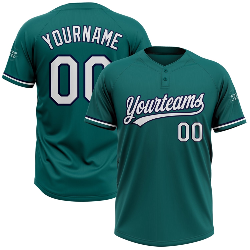 Teal White Navy Two Button Unisex Softball Jersey, Custom Team Softball Jersey Teal White Navy Two Button Unisex Softball Jersey, Custom Team Softball Jersey