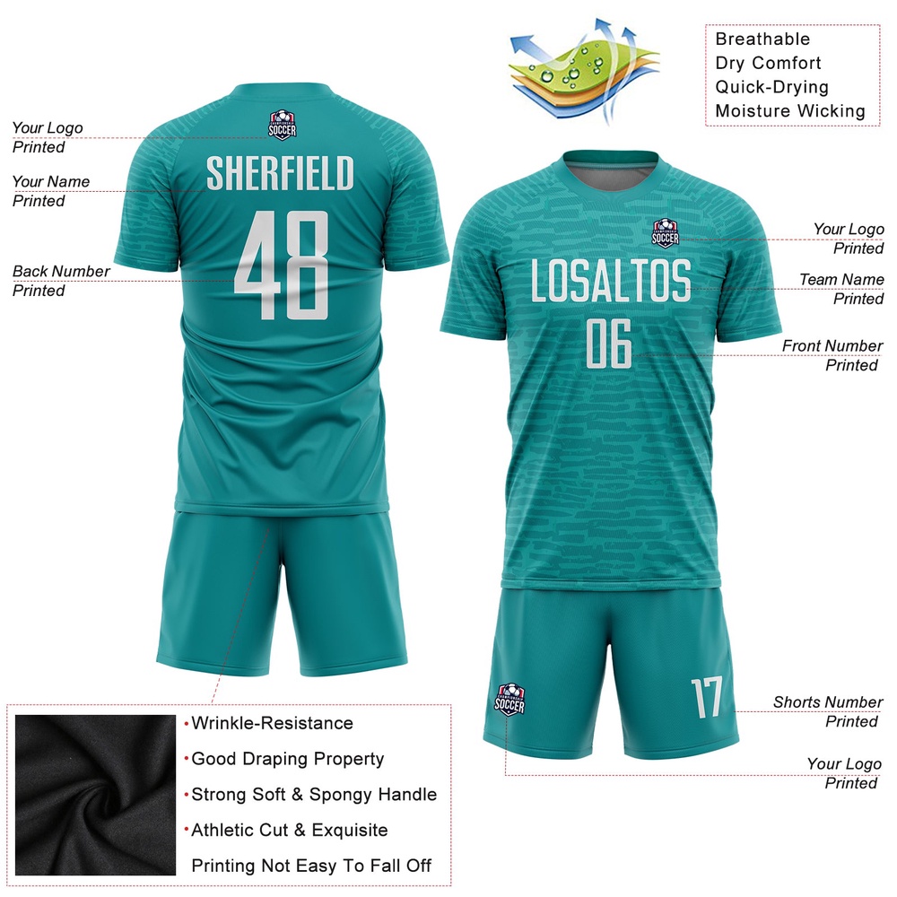 Teal White Sublimation Soccer Uniform Jersey, Custom Team Soccer Jersey Shirt Teal White Sublimation Soccer Uniform Jersey, Custom Team Soccer Jersey Shirt