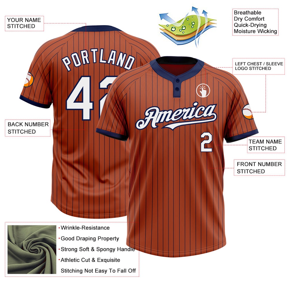 Texas Orange Navy Pinstripe White Two Button Unisex Softball Jersey, Custom Team Softball Jersey Texas Orange Navy Pinstripe White Two Button Unisex Softball Jersey, Custom Team Softball Jersey