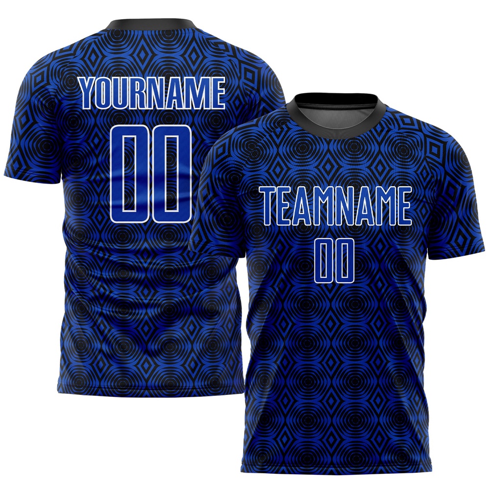 Thunder Blue Black White Geometric Shapes Sublimation Soccer Uniform Jersey, Custom Team Soccer Jersey Shirt