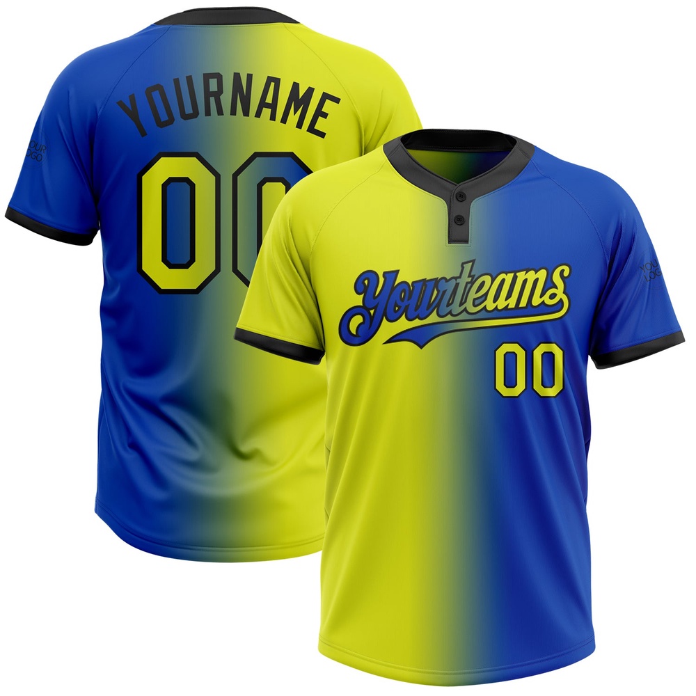 Thunder Blue Neon Yellow Black Gradient Fashion Two Button Unisex Softball Jersey, Custom Team Softball Jersey