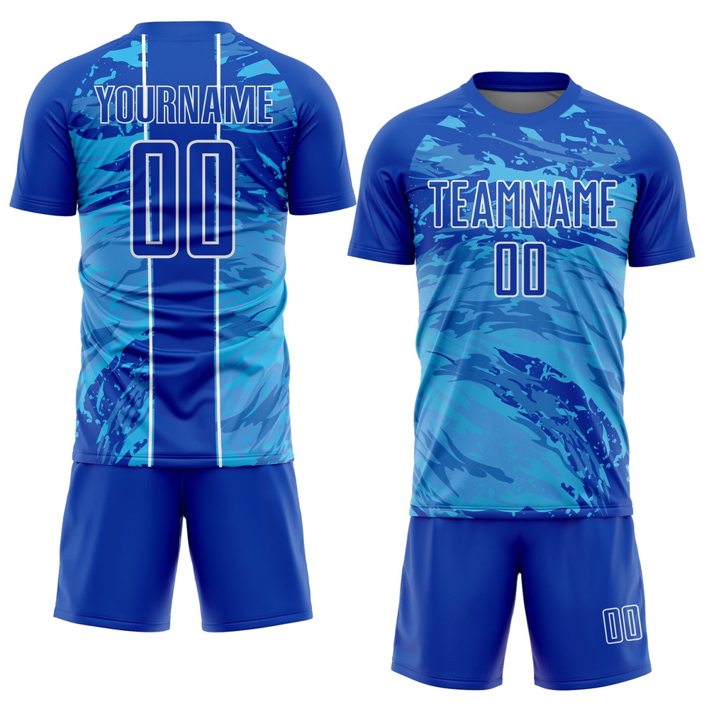 Thunder Blue Sky Blue White Abstract Fluid Sublimation Soccer Uniform Jersey, Custom Team Soccer Jersey Shirt