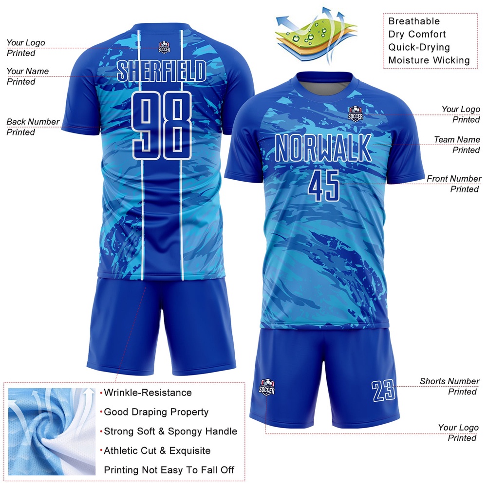 Thunder Blue Sky Blue White Abstract Fluid Sublimation Soccer Uniform Jersey, Custom Team Soccer Jersey Shirt