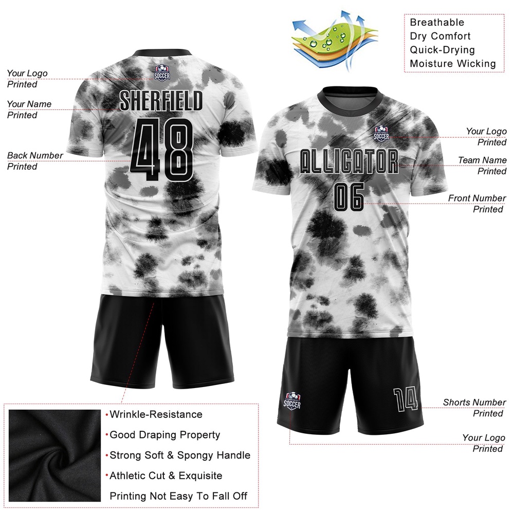 Tie Dye Black White Sublimation Soccer Uniform Jersey, Custom Team Soccer Jersey Shirt