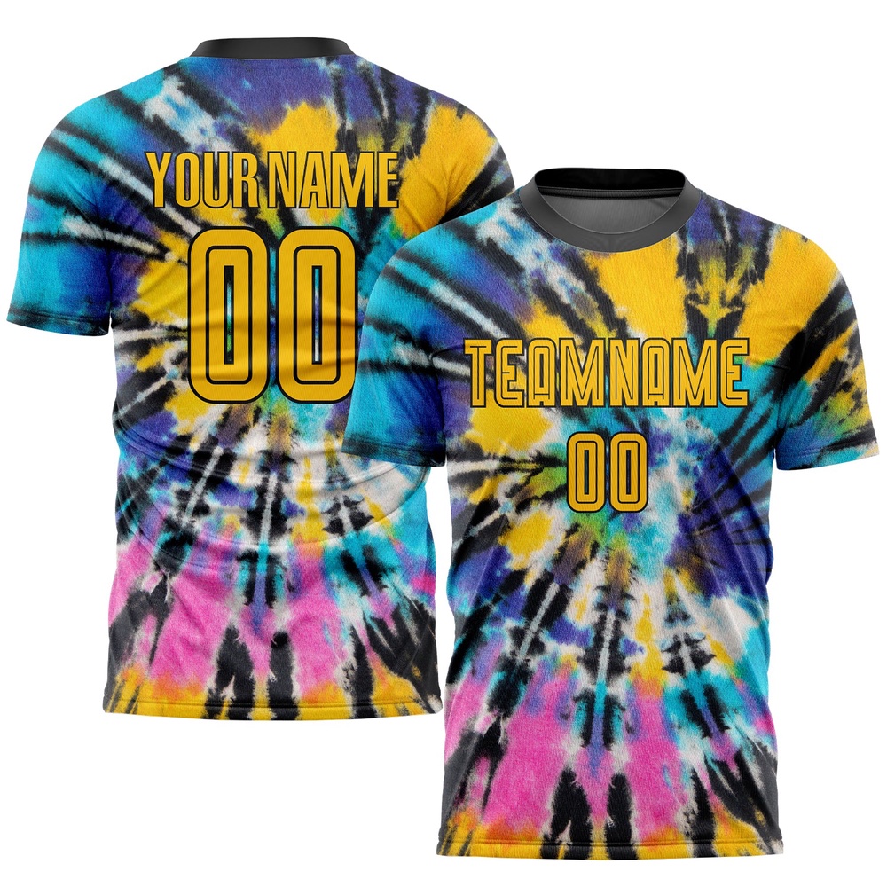 Tie Dye Gold Black Sublimation Soccer Uniform Jersey, Custom Team Soccer Jersey Shirt