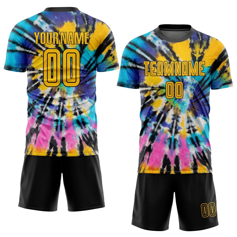 Tie Dye Gold Black Sublimation Soccer Uniform Jersey, Custom Team Soccer Jersey Shirt