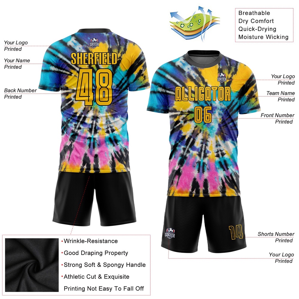 Tie Dye Gold Black Sublimation Soccer Uniform Jersey, Custom Team Soccer Jersey Shirt