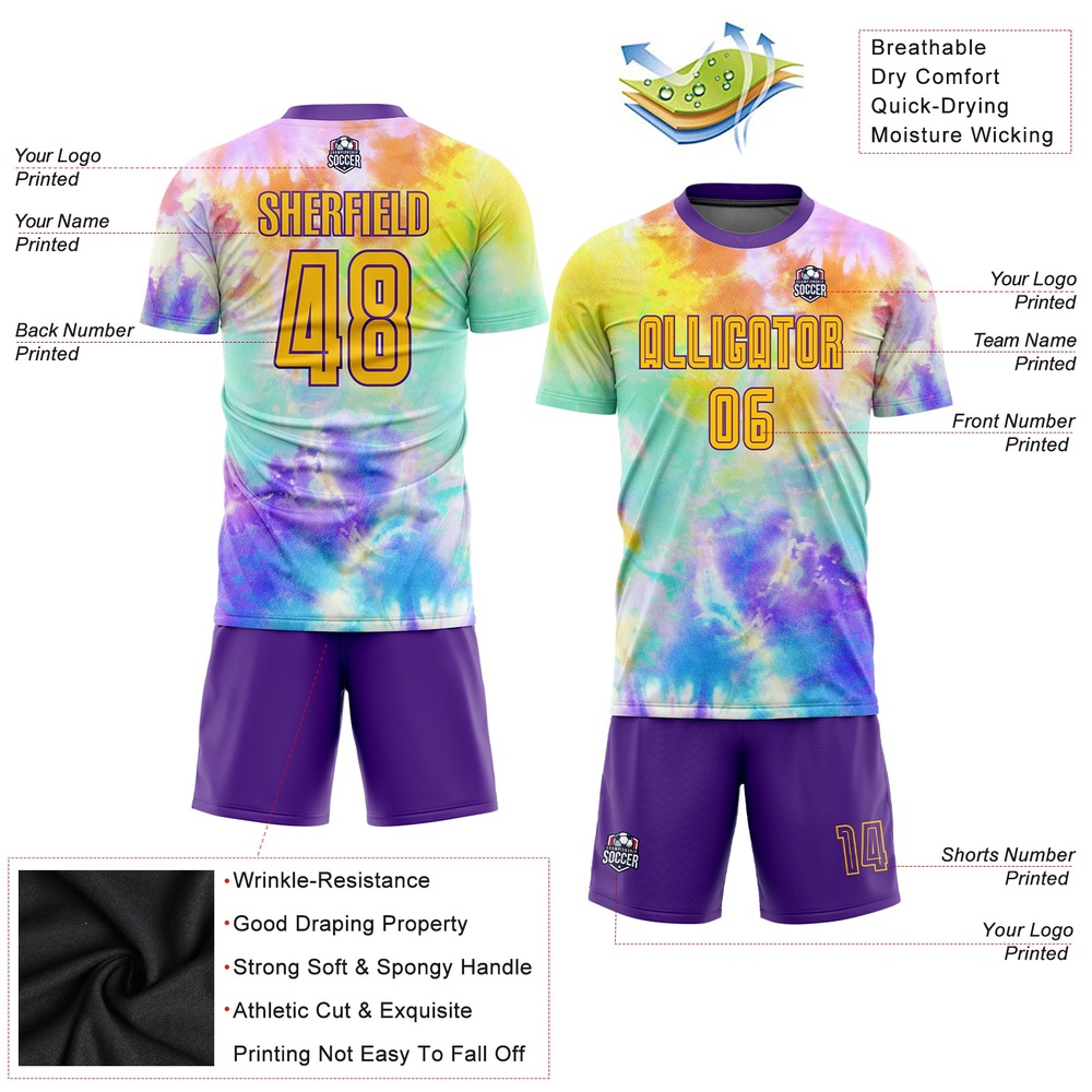 Tie Dye Gold Purple Sublimation Soccer Uniform Jersey, Custom Team Soccer Jersey Shirt