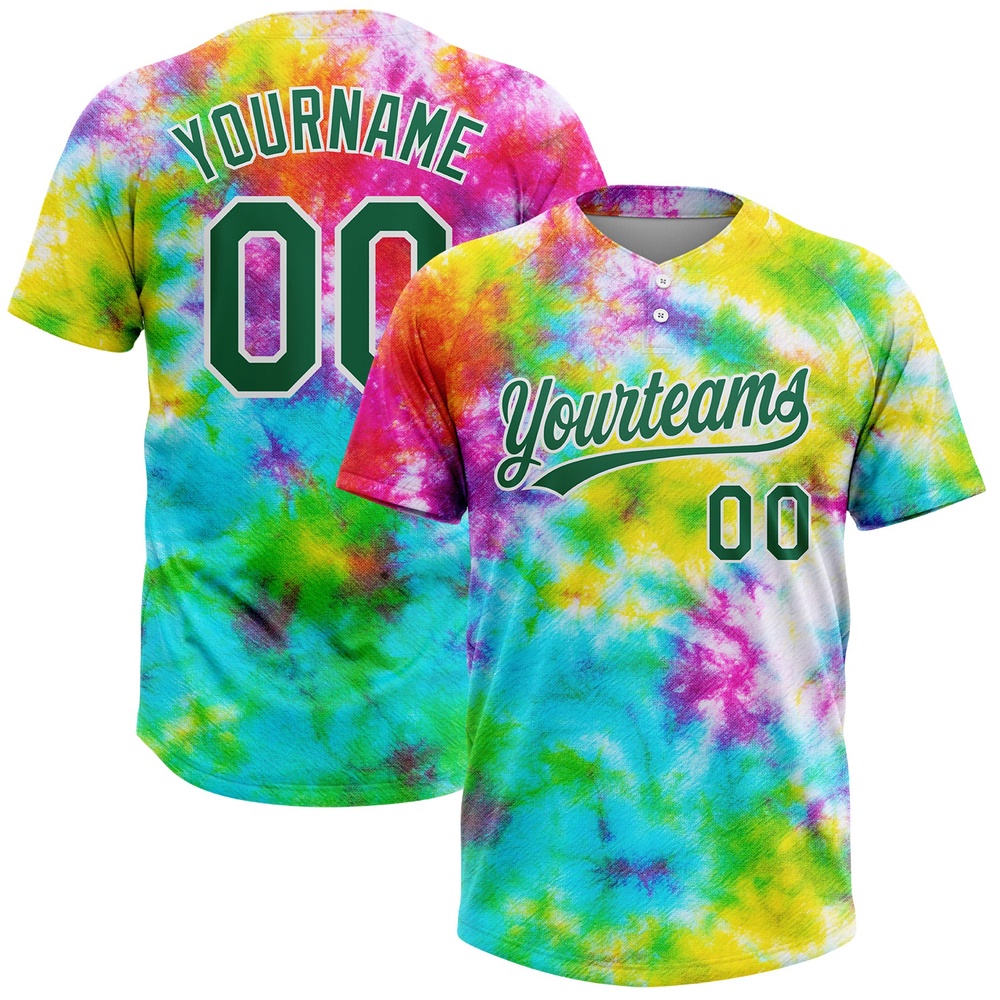 Tie Dye Kelly Green White 3D Rainbow Two Button Unisex Softball Jersey, Custom Team Softball Jersey Tie Dye Kelly Green White 3D Rainbow Two Button Unisex Softball Jersey, Custom Team Softball Jersey