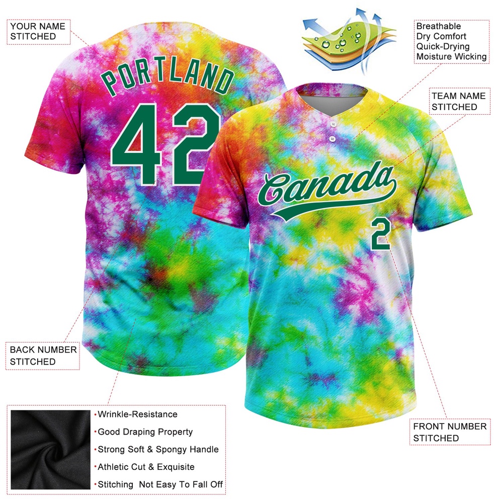 Tie Dye Kelly Green White 3D Rainbow Two Button Unisex Softball Jersey, Custom Team Softball Jersey Tie Dye Kelly Green White 3D Rainbow Two Button Unisex Softball Jersey, Custom Team Softball Jersey