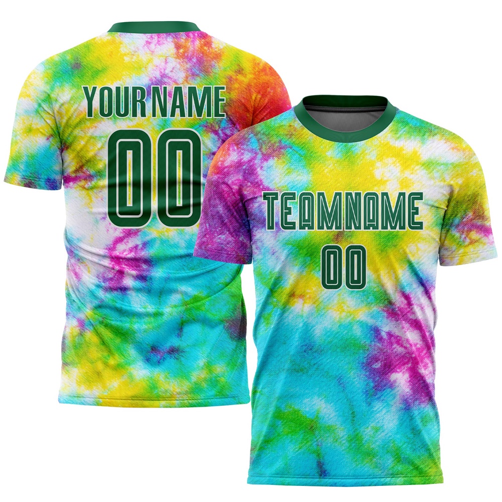 Tie Dye Kelly Green White Sublimation Soccer Uniform Jersey, Custom Team Soccer Jersey Shirt
