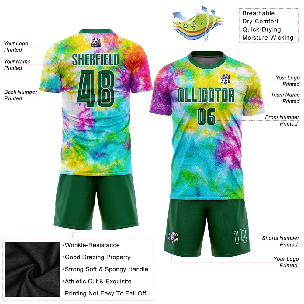 Tie Dye Kelly Green White Sublimation Soccer Uniform Jersey, Custom Team Soccer Jersey Shirt