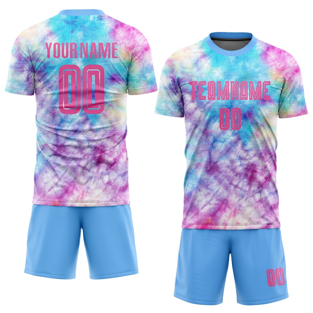 Tie Dye Pink Light Blue Sublimation Soccer Uniform Jersey, Custom Team Soccer Jersey Shirt