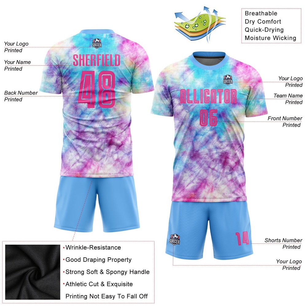 Tie Dye Pink Light Blue Sublimation Soccer Uniform Jersey, Custom Team Soccer Jersey Shirt