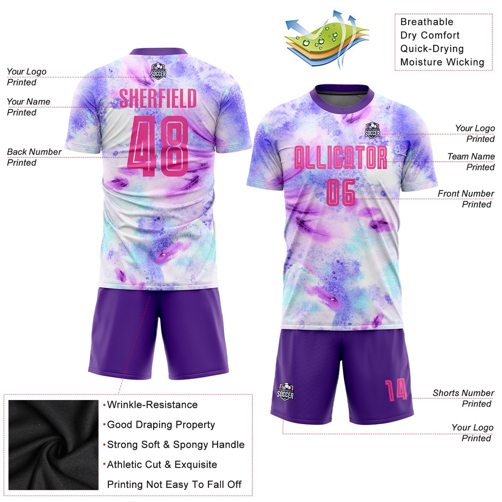 Tie Dye Pink Purple Sublimation Soccer Uniform Jersey, Custom Team Soccer Jersey Shirt