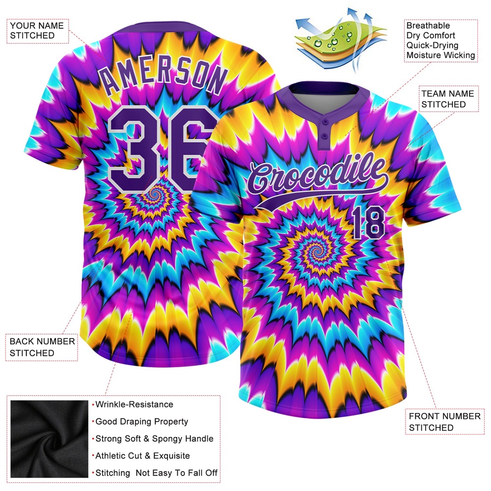Tie Dye Purple White 3D Two Button Unisex Softball Jersey, Custom Team Softball Jersey Tie Dye Purple White 3D Two Button Unisex Softball Jersey, Custom Team Softball Jersey