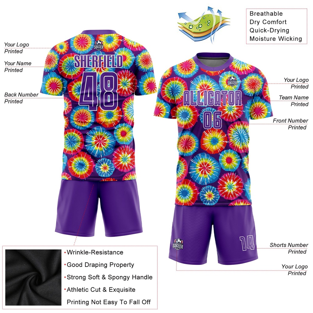 Tie Dye Purple White Sublimation Soccer Uniform Jersey, Custom Team Soccer Jersey Shirt