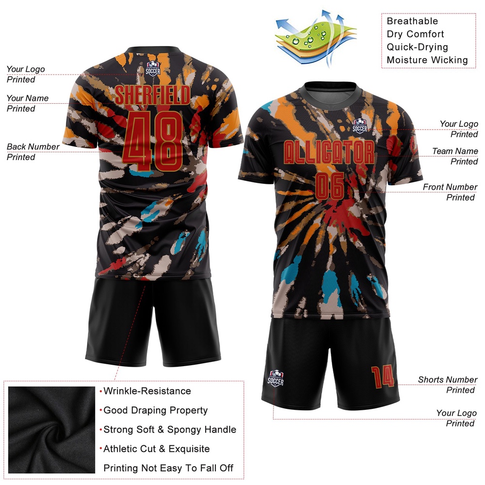 Tie Dye Red Old Gold Sublimation Soccer Uniform Jersey, Custom Team Soccer Jersey Shirt