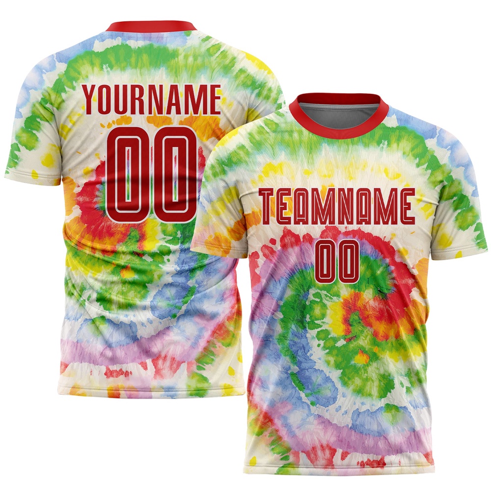 Tie Dye Red White Sublimation Soccer Uniform Jersey, Custom Team Soccer Jersey Shirt
