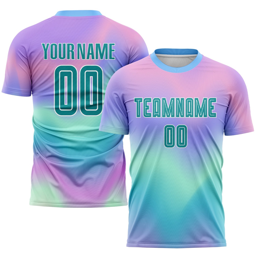 Tie Dye Teal White Sublimation Soccer Uniform Jersey, Custom Team Soccer Jersey Shirt