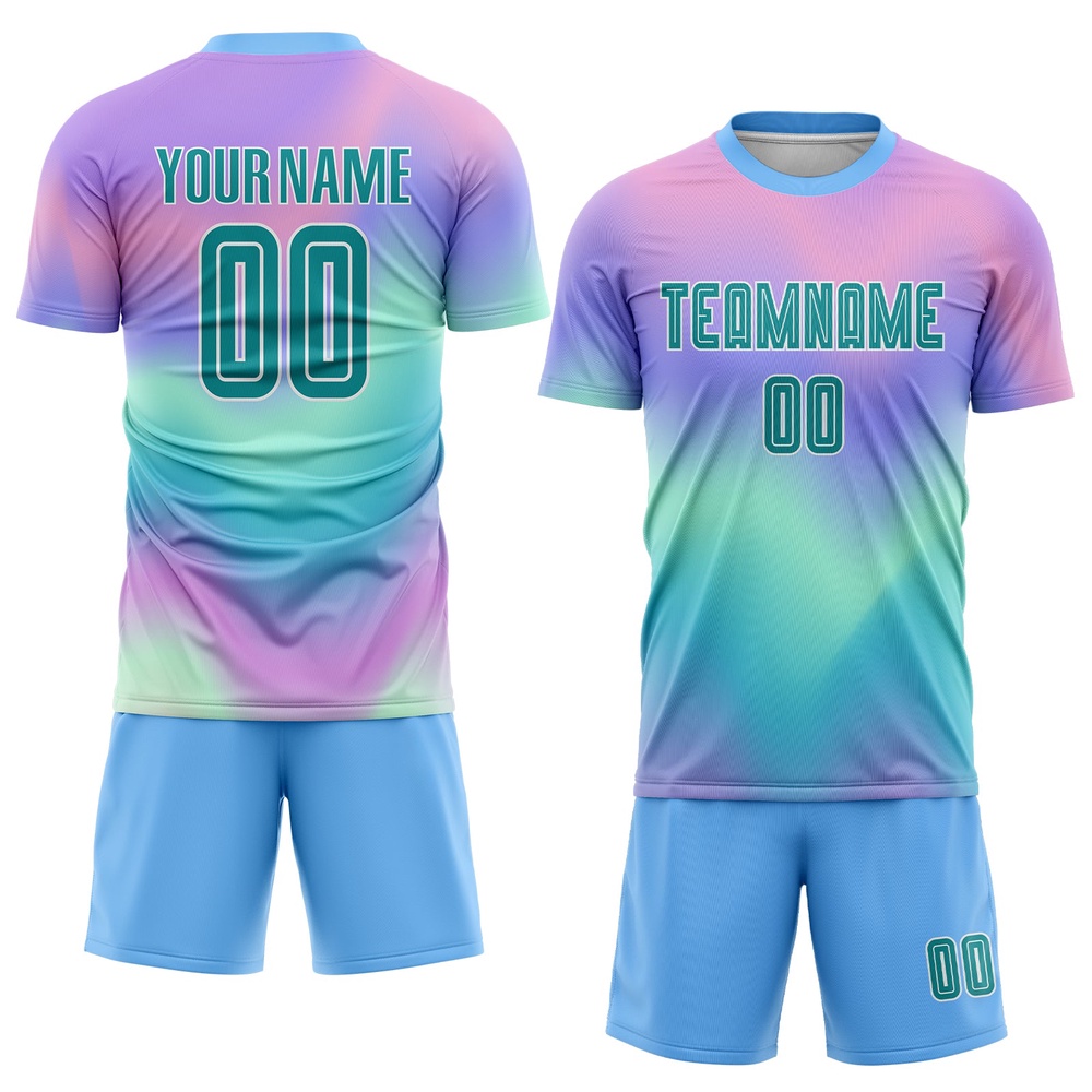 Tie Dye Teal White Sublimation Soccer Uniform Jersey, Custom Team Soccer Jersey Shirt