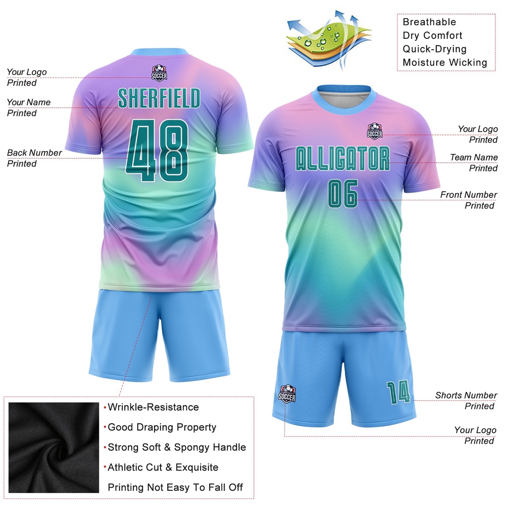 Tie Dye Teal White Sublimation Soccer Uniform Jersey, Custom Team Soccer Jersey Shirt