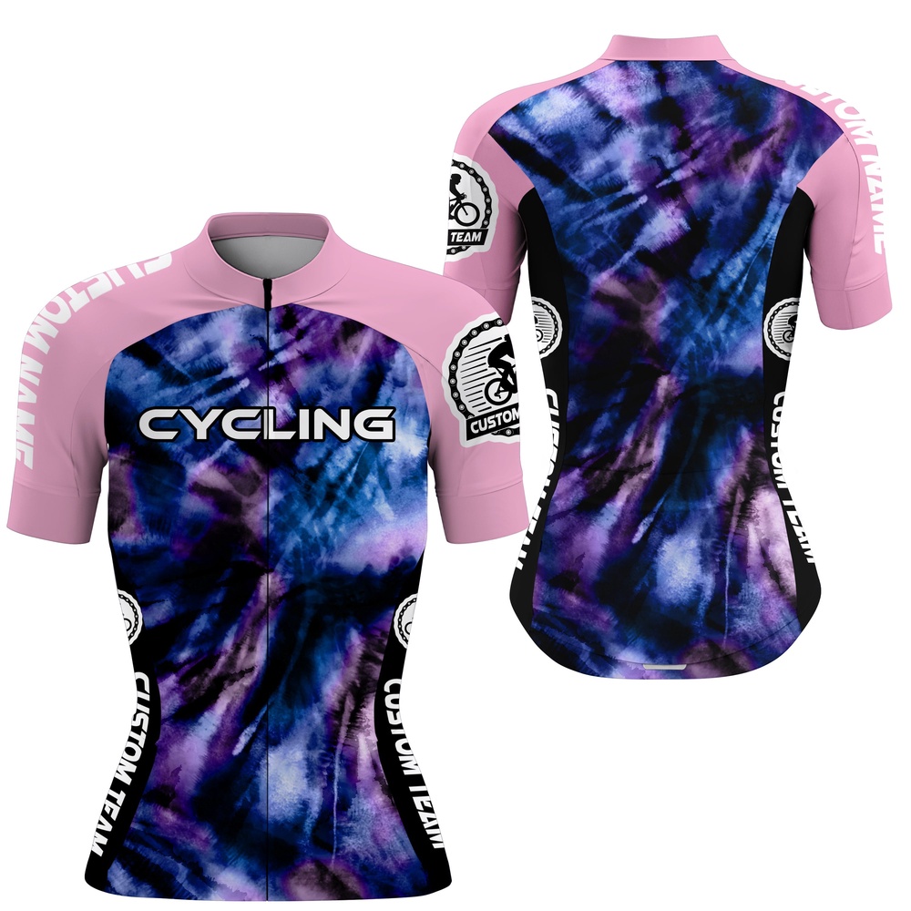 Tie Dye Women Cycling Jersey With 3 Pockets Anti Uv Reflective Shirt Cycle Long Short Sleeve Gear, Custom Mono Cycling Jersey