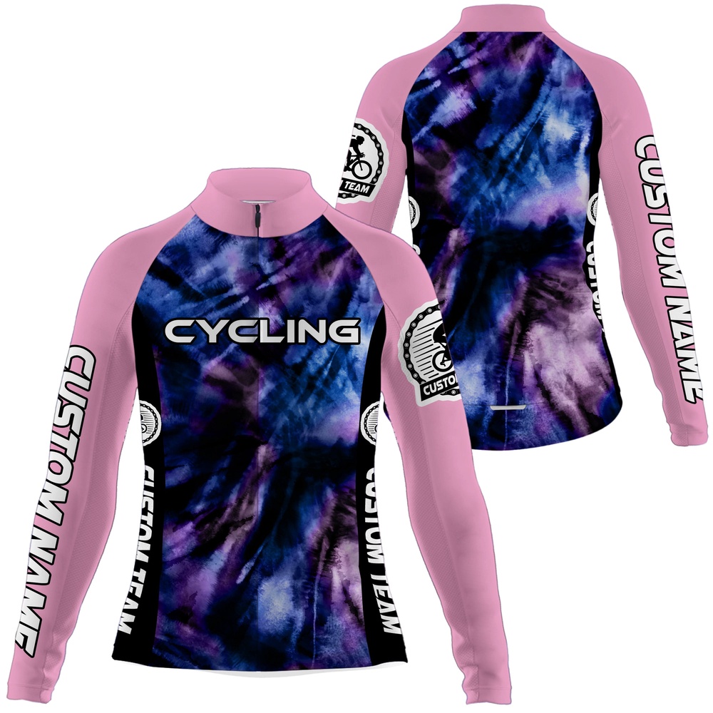 Tie Dye Women Cycling Jersey With 3 Pockets Anti Uv Reflective Shirt Cycle Long Short Sleeve Gear, Custom Mono Cycling Jersey
