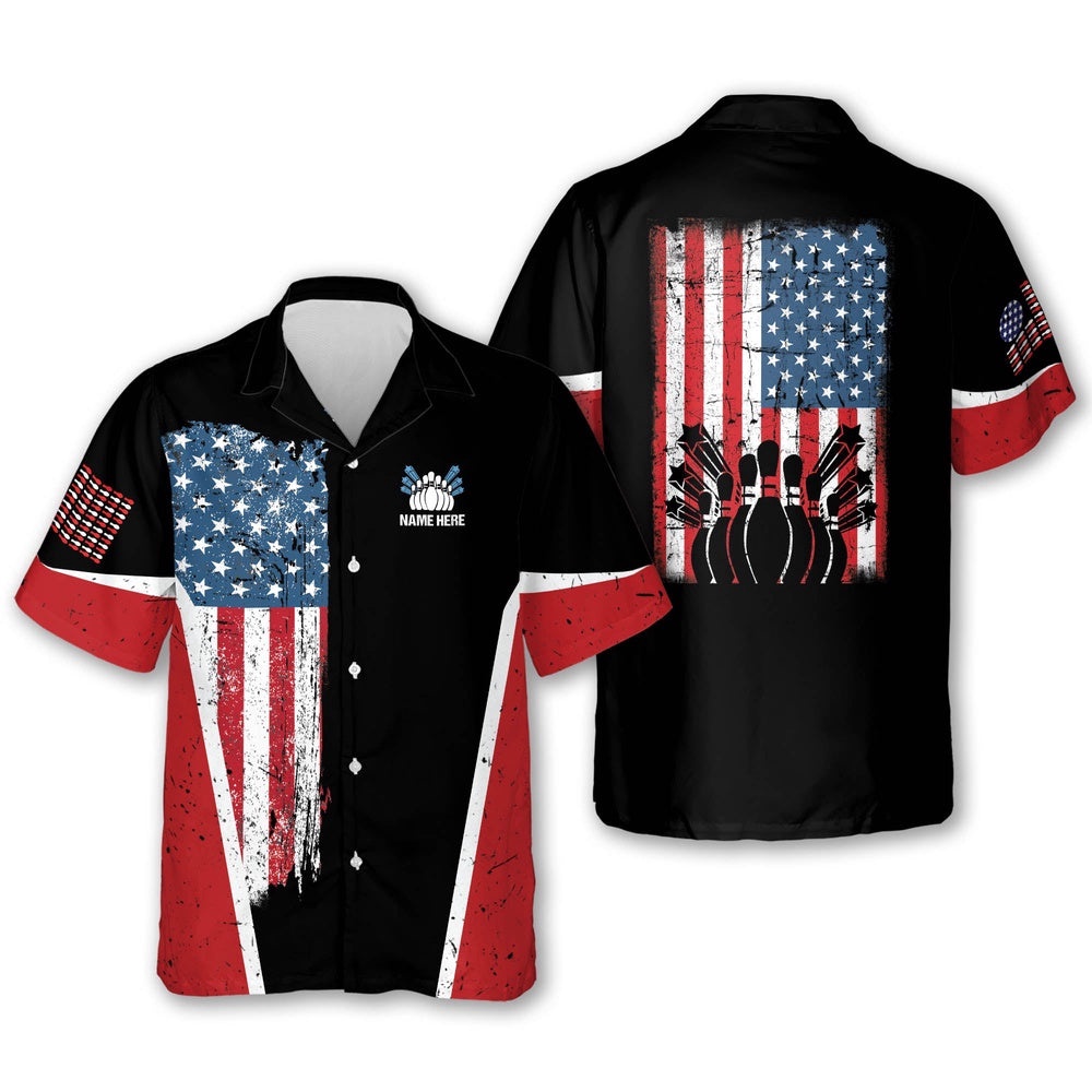 USA Bowling Flag Hawaiian Shirt, Custom Bowling Shirt, Custom Team Bowling Hawaiian Shirt