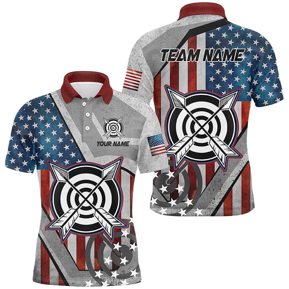USA Flag Archery Shirts For Men Custom Patriotic Archery Polo For Team Archers, Custom Archery Team Polo Shirt