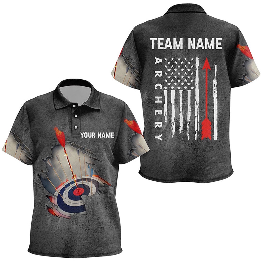 US Flag Arrow Archery Polo Shirts, Custom Flaming Target Archery Shirts, Custom Archery Team Polo Shirt
