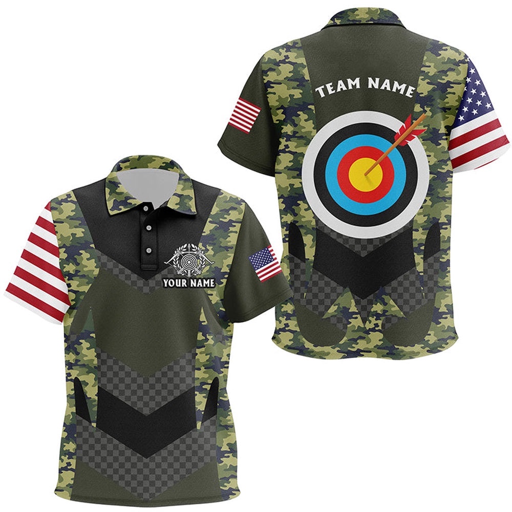 US Flag Camouflage Target Archery Polo Shirts, Custom Archery Team Polo, Custom Archery Team Polo Shirt