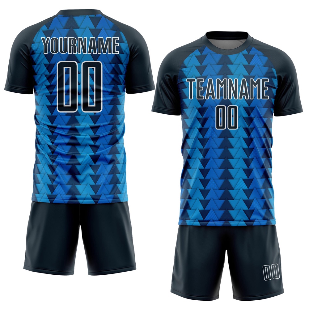 US Navy Blue Navy White Triangle Shapes Sublimation Soccer Uniform Jersey, Custom Team Soccer Jersey Shirt