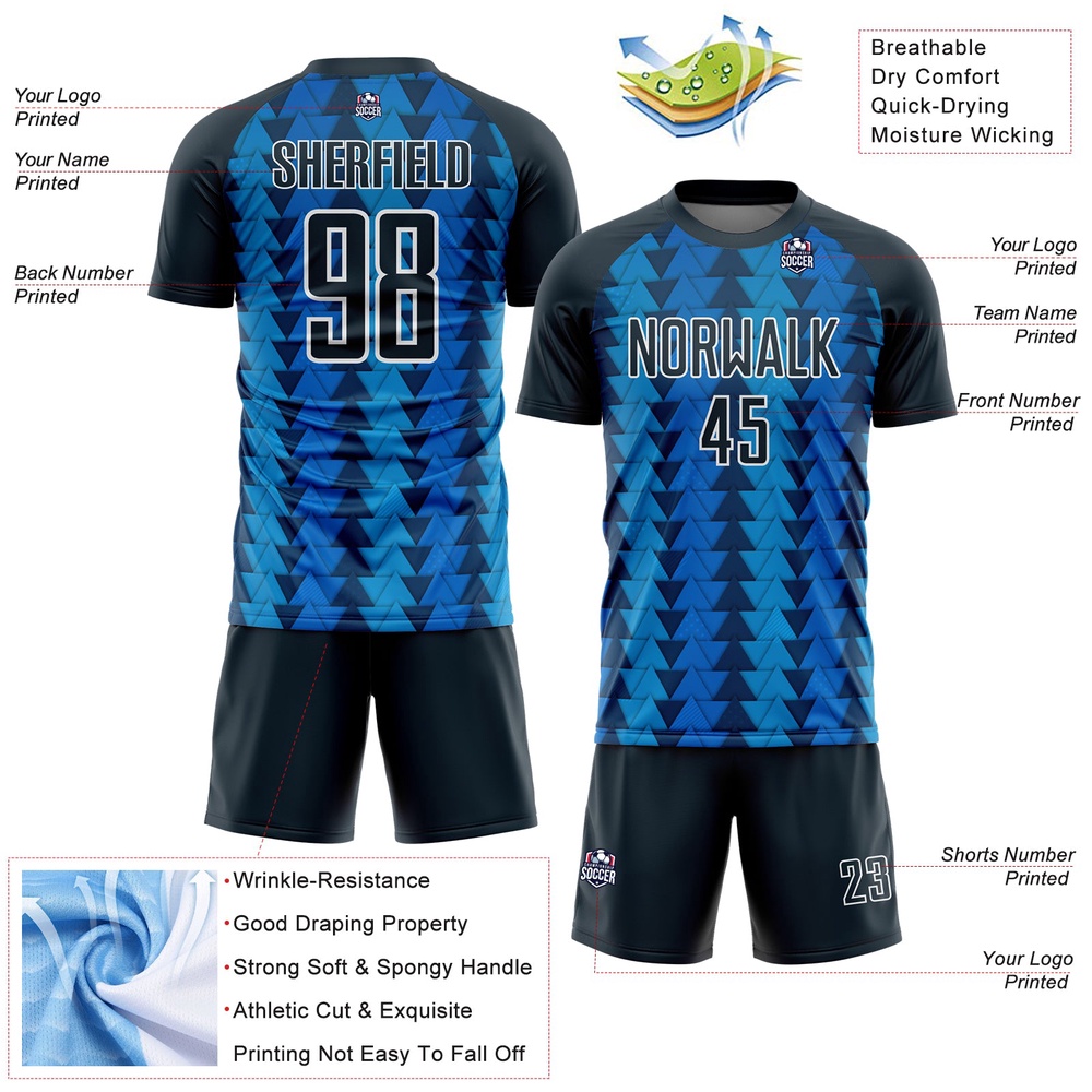 US Navy Blue Navy White Triangle Shapes Sublimation Soccer Uniform Jersey, Custom Team Soccer Jersey Shirt