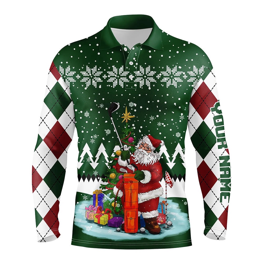 Ugly Christmas Green Argyle Pattern Golf Shirt Custom Men’s Golf Polo Shirt Santa Golfer Christmas Gift, Golf Polo Shirt, Golf Shirts