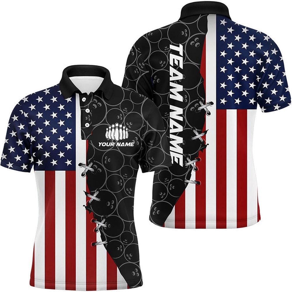 Us Flag Custom Bowling Team Shirts For Men And Women Bowling Ball Pattern Patriotic Gifts, Personalized Bowling Team Shirt