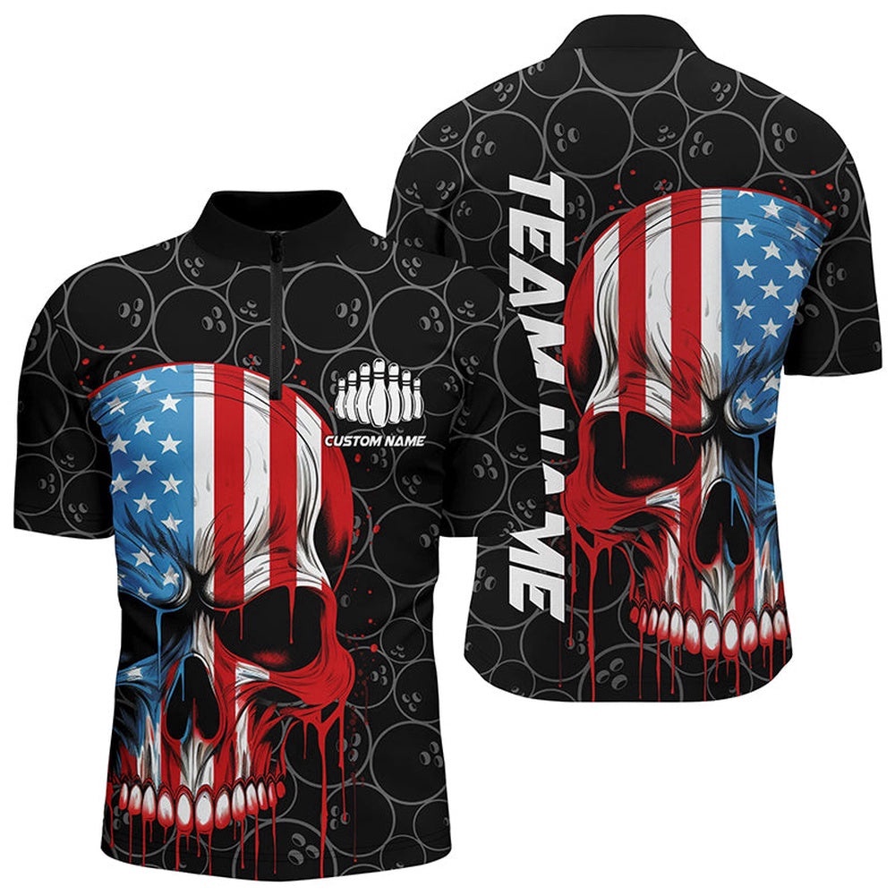 Us Flag Skull Bowling Shirts For Men With Name, Patriotic Bowling Jersey, Custom Bowling Team Jersey Shirt
