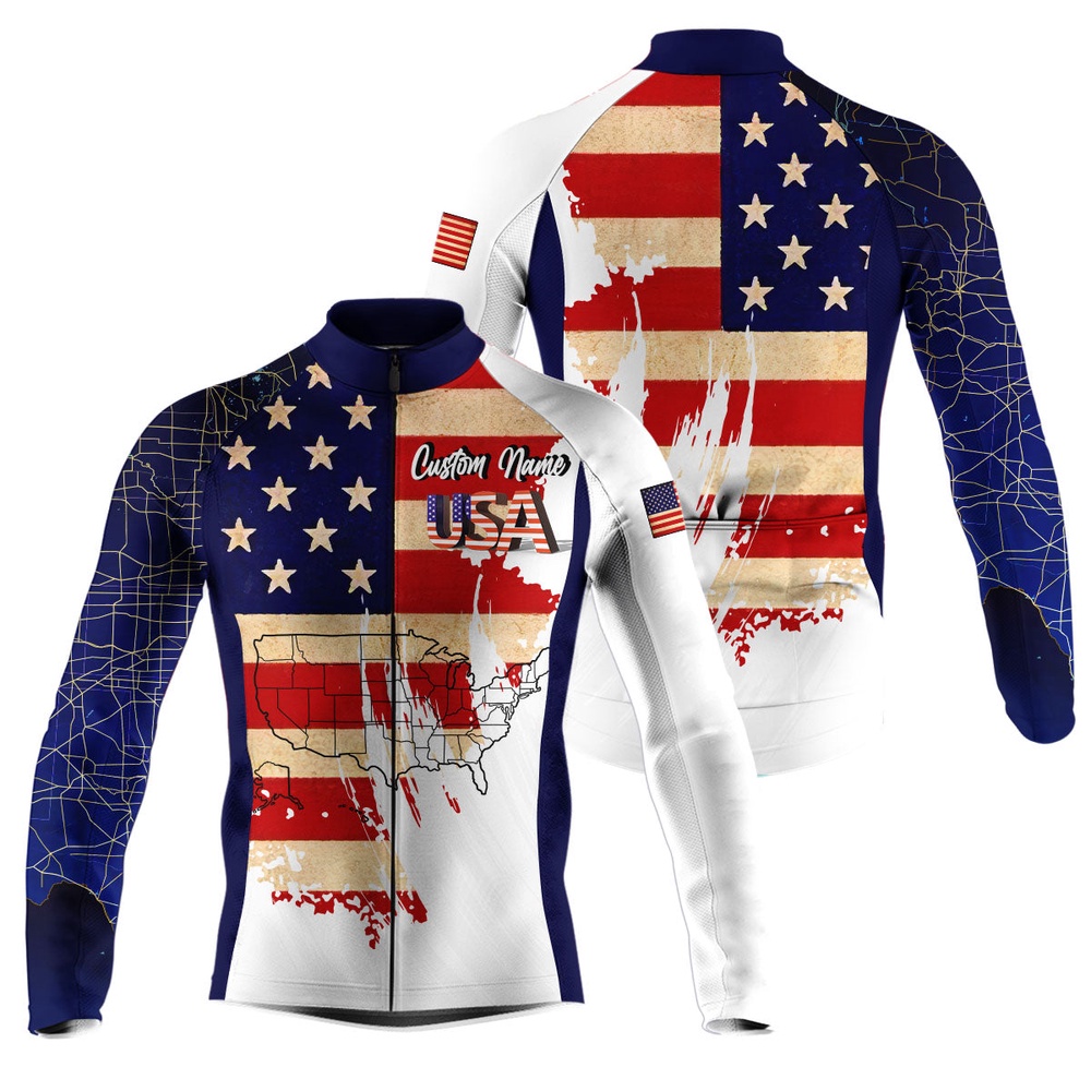 Usa Bike Jersey With Pockets American Flag Men Cycling Jersey Full Zip Cycle Gear, Custom Mono Cycling Jersey