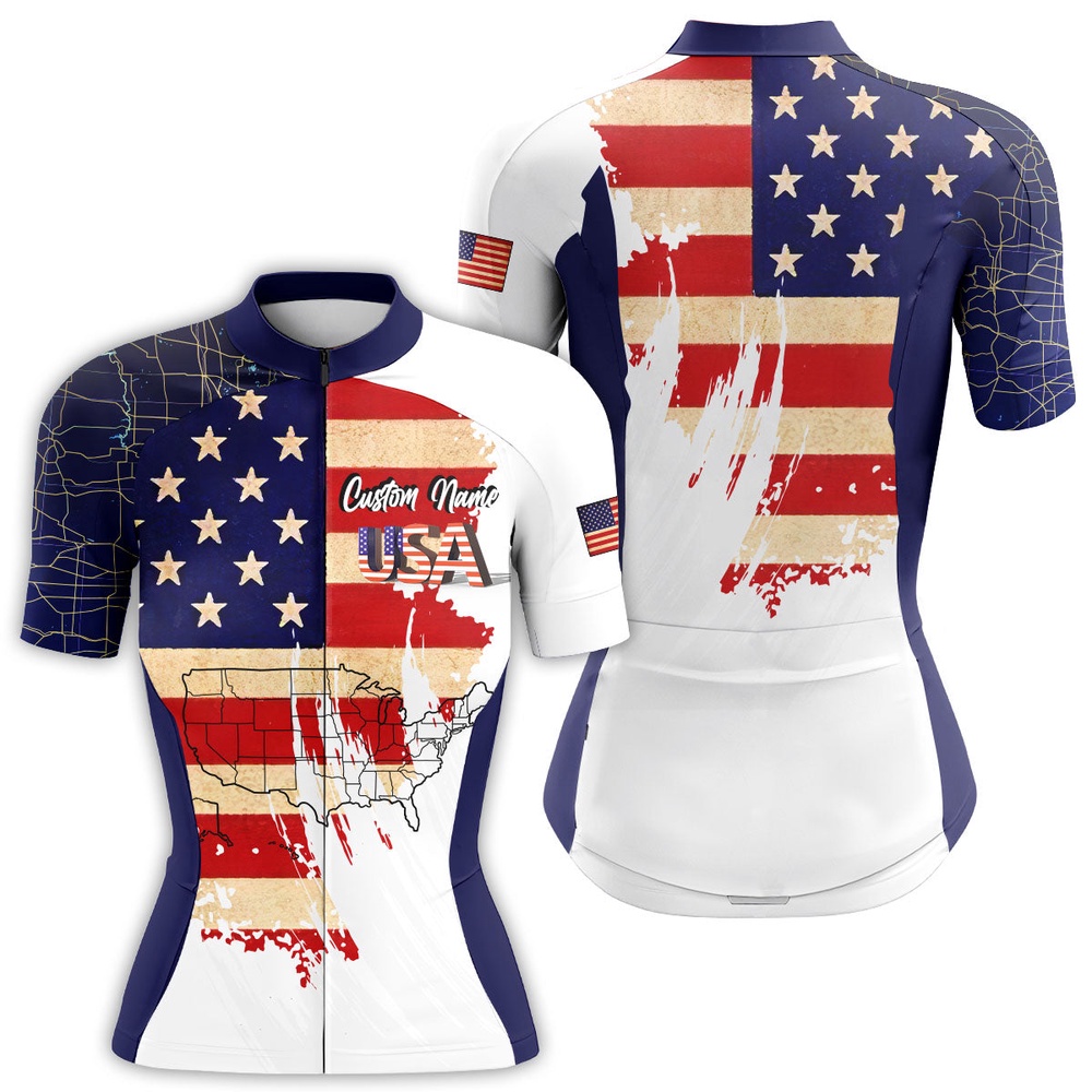 Usa Bike Jersey With Pockets American Flag Women Cycling Jersey Full Zip Cycle Gear, Custom Mono Cycling Jersey