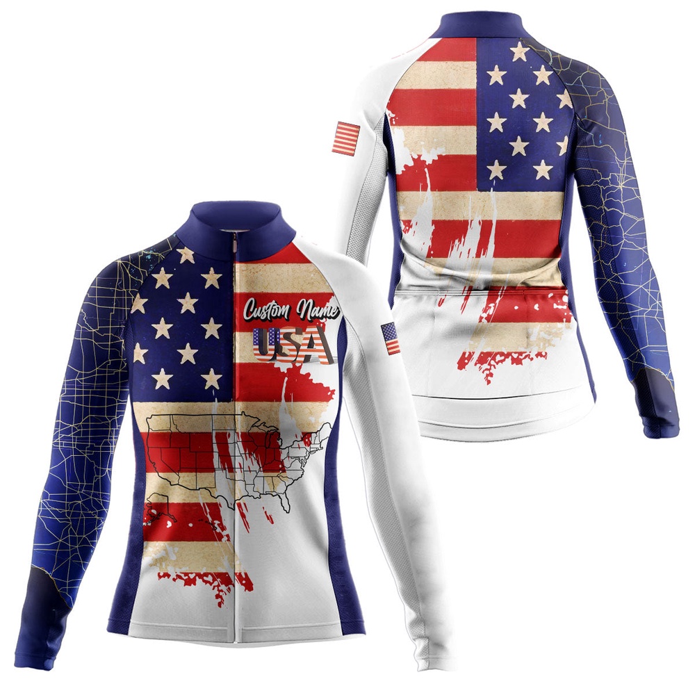 Usa Bike Jersey With Pockets American Flag Women Cycling Jersey Full Zip Cycle Gear, Custom Mono Cycling Jersey