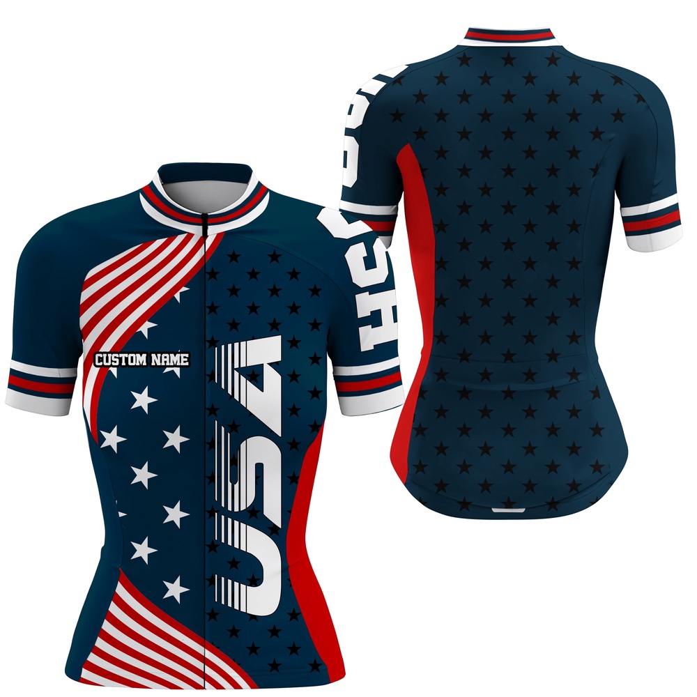 Usa Bike Shirt Women Cycling Jersey American Flag Full Zipper Cycle Gear Racewear, Custom Mono Cycling Jersey