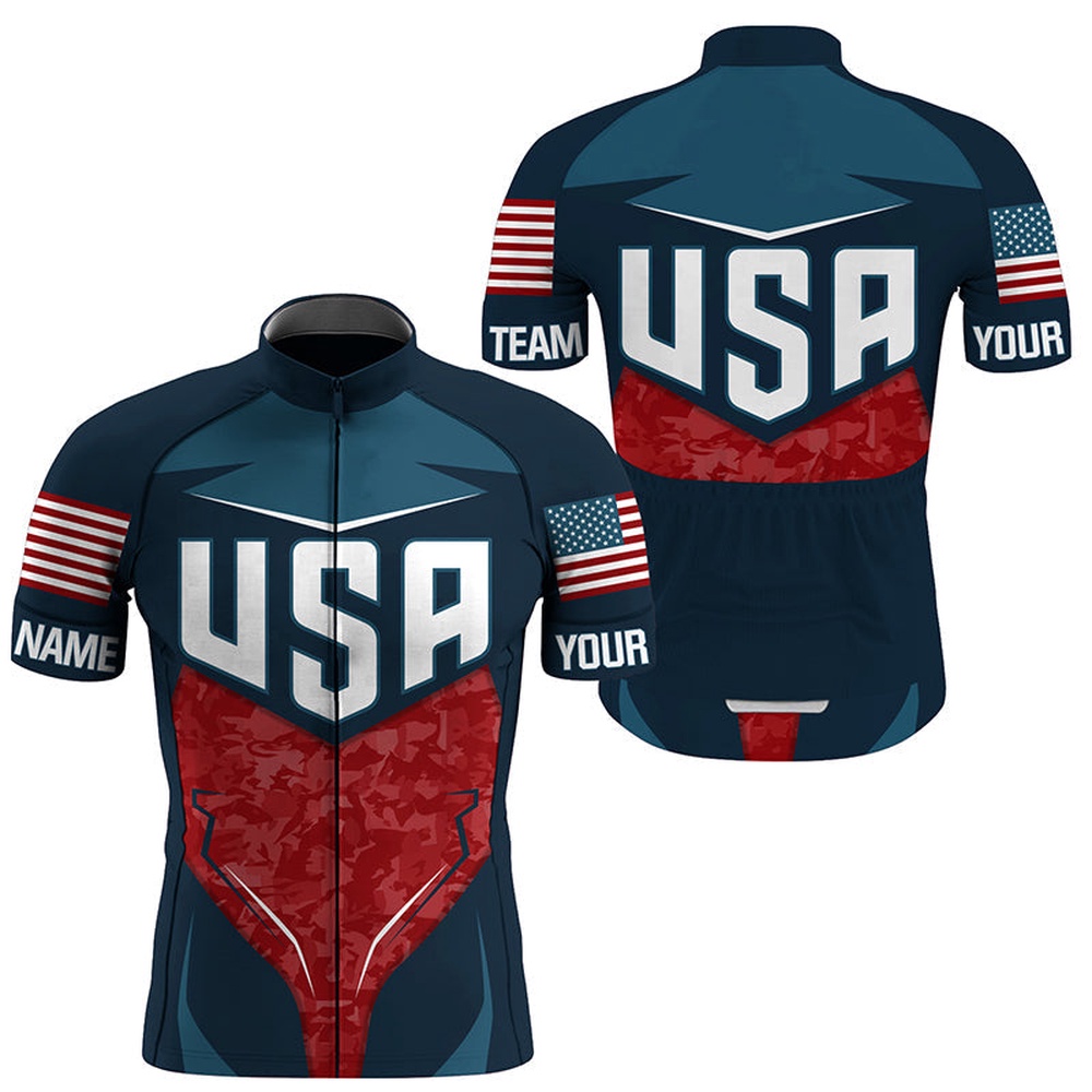 Usa Cycling Jersey Men With 3 Back Pockets American Bike Shirt Custom Full Zip Bicycle Tops, Custom Mono Cycling Jersey