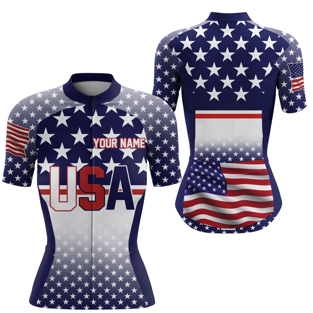 Usa Women Cycling Jersey American Flag Racewear Full Zipper Reflective Cycle Gear, Custom Mono Cycling Jersey