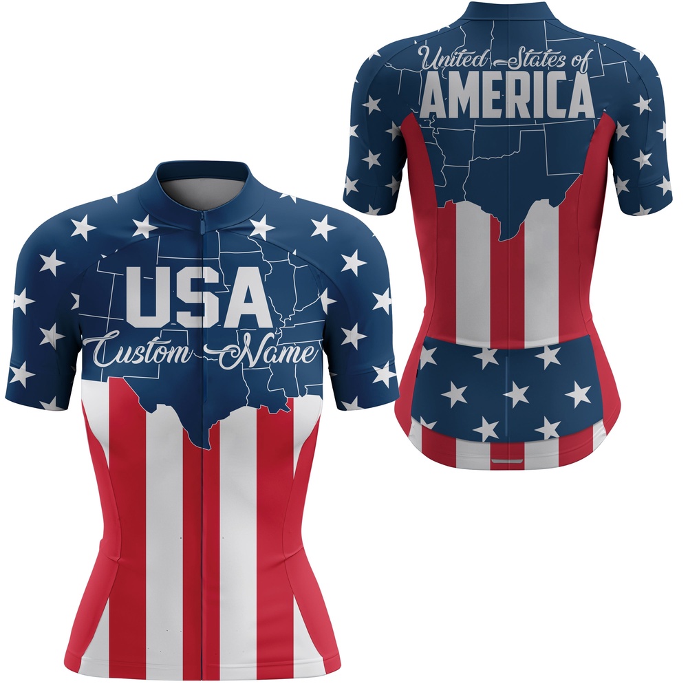 Usa Womens Cycling Jersey American Flag Cycle Gear With 3 Pockets Full Zip Racewear, Custom Mono Cycling Jersey