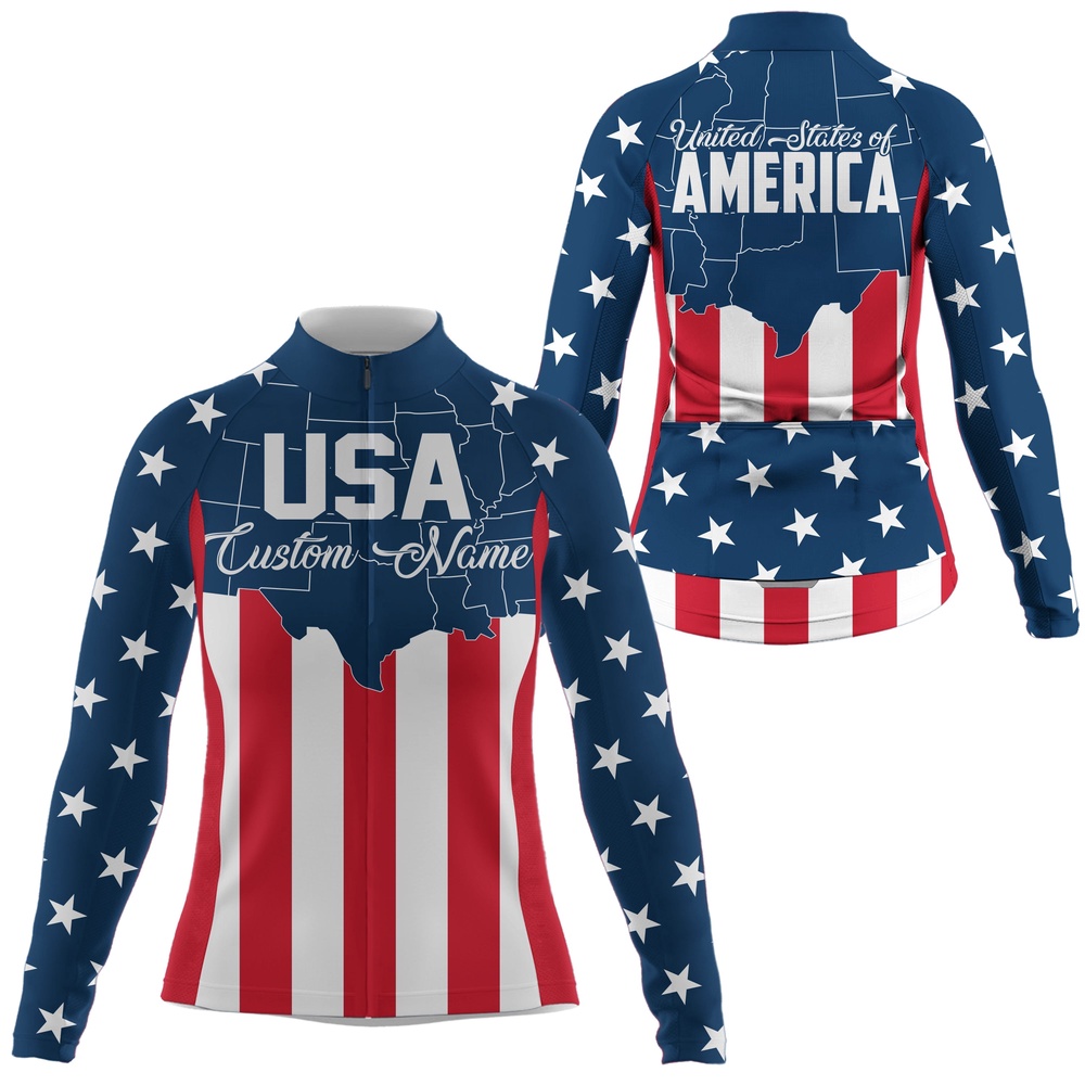 Usa Womens Cycling Jersey American Flag Cycle Gear With 3 Pockets Full Zip Racewear, Custom Mono Cycling Jersey